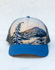 front view of the final switchback trucker hat featuring artist Katie Jeanne Reim's Bachelor print