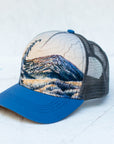 angle view of the final switchback trucker hat featuring artist Katie Jeanne Reim's Bachelor print