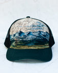 front view of the final switchback trucker hat featuring artist Katie Jeanne Reim's Bridger print