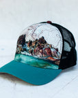 angle view of the final switchback trucker hat featuring artist Katie Jeanne Reim's Broken Top print