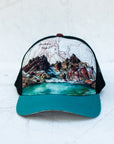 front view of the final switchback trucker hat featuring artist Katie Jeanne Reim's Broken Top print