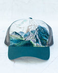 front view of the final switchback trucker hat featuring artist Katie Jeanne Reim's Glacier Grinnell print