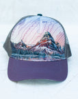 front view of the final switchback trucker hat featuring artist Katie Jeanne Reim's Glacier Two Medicine print