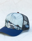 angle view of the final switchback trucker hat featuring artist Katie Jeanne Reim's Mount Rainier Summit print