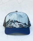 front view of the final switchback trucker hat featuring artist Katie Jeanne Reim's Mount Rainier Summit print