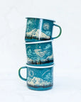Three stacked final switchback fireproof enamel mugs featuring artist Katie Jeanne Reim's Mount Rainier Night print