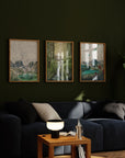 frames with final switchback by artist Katie Jeanne Ream prints on a green wall in a living room