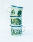 Three stacked final switchback fireproof enamel mugs featuring artist Katie Jeanne Reim's Olympics print