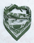 final switchback cotton bandana in PNW Olive featuring artist Katie Jeanne Reim's prints