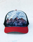 front view of the final switchback trucker hat featuring artist Katie Jeanne Reim's teton print