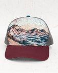 front view of the final switchback trucker hat featuring artist Katie Jeanne Reim's three sisters print