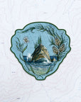 final switchback vinyl waterproof sticker featuring Katie Jeanne Reim's coastal pine print
