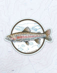final switchback vinyl waterproof sticker featuring Katie Jeanne Reim's trout print