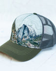 angle view of the final switchback trucker hat featuring artist Katie Jeanne Reim's Yosemite print