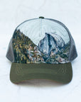 front view of the final switchback trucker hat featuring artist Katie Jeanne Reim's Yosemite print