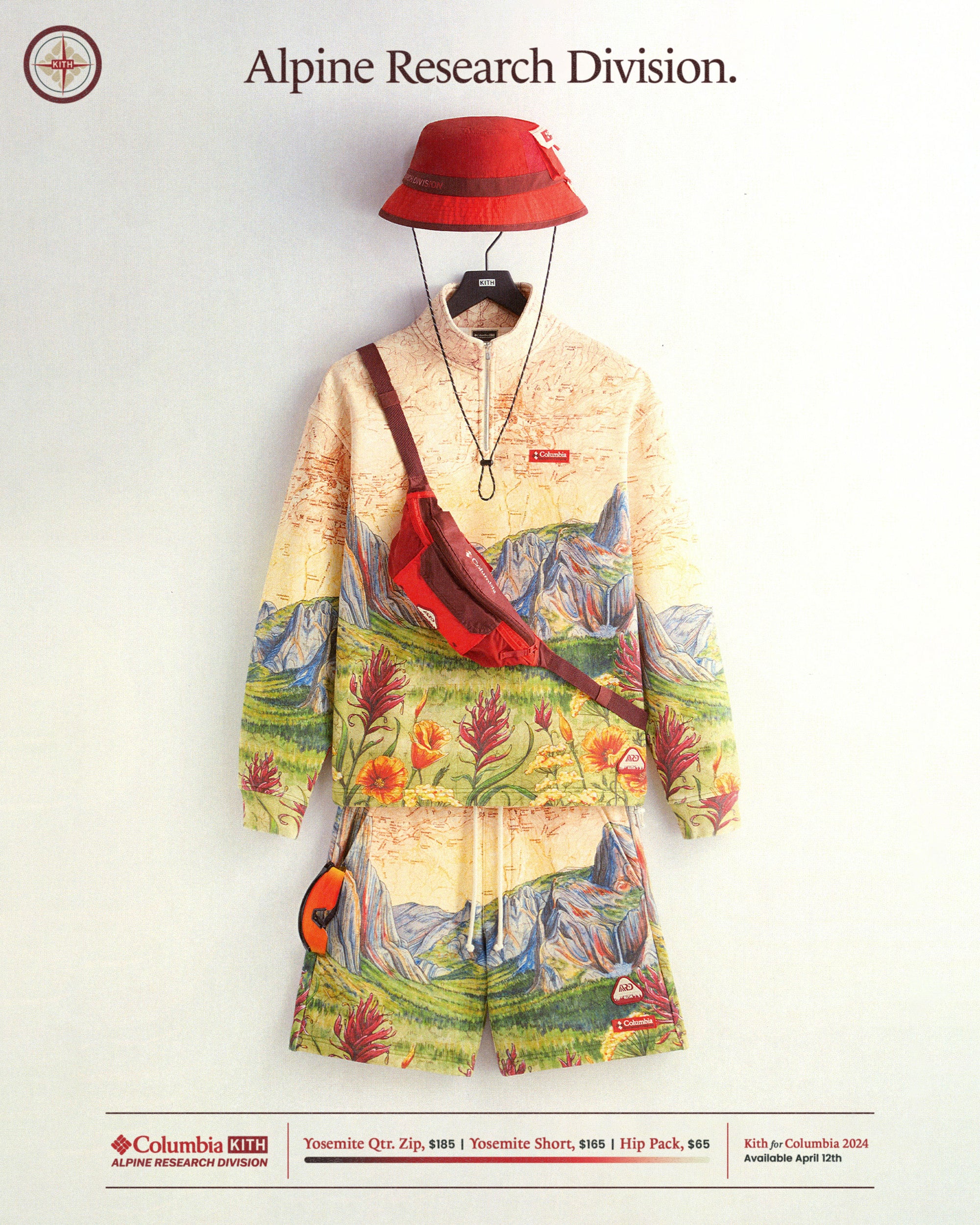 Camping gear and clothes with a final switchback print for a custom commission project for Kith x Columbia