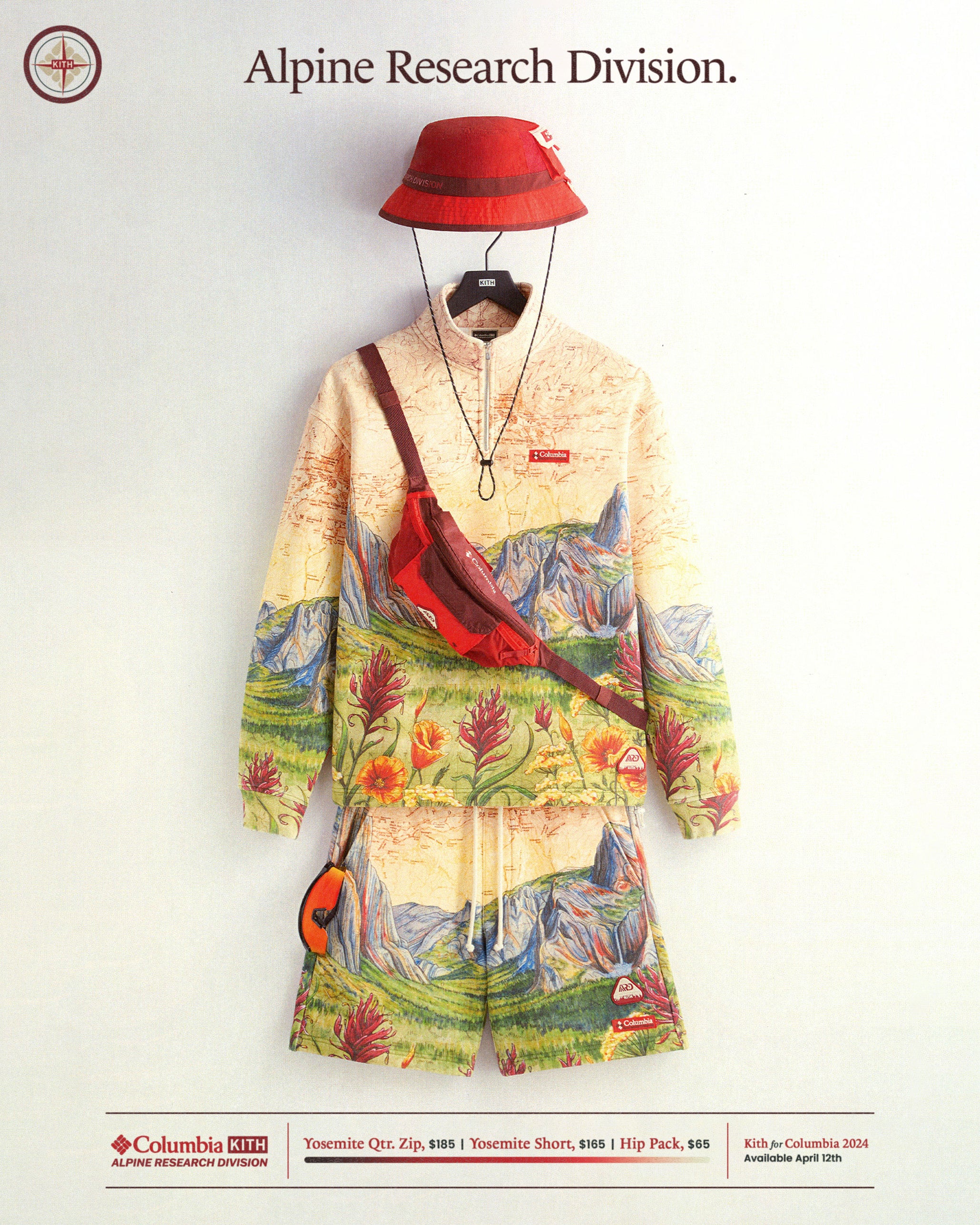Camping gear and clothes with a final switchback print for a custom commission project for Kith x Columbia