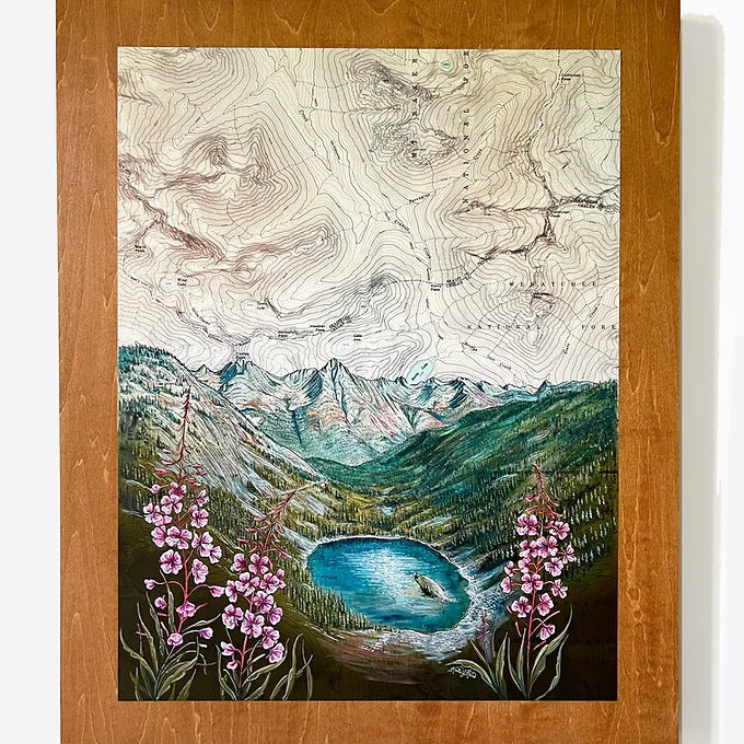 a close-up of the heather maple pass final switchback original painting in a wooden frame by artist Katie Jeanne Ream
