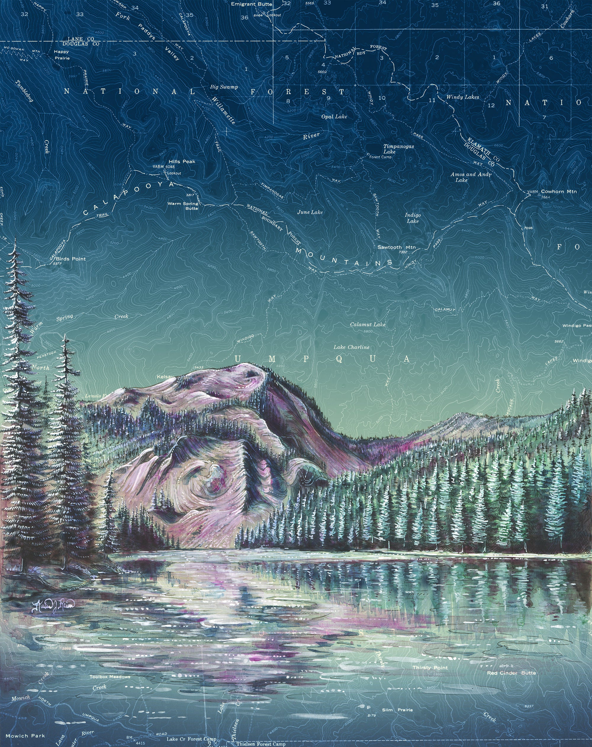 Final Switchback artist Katie Reim's original painting of Indigo Lake