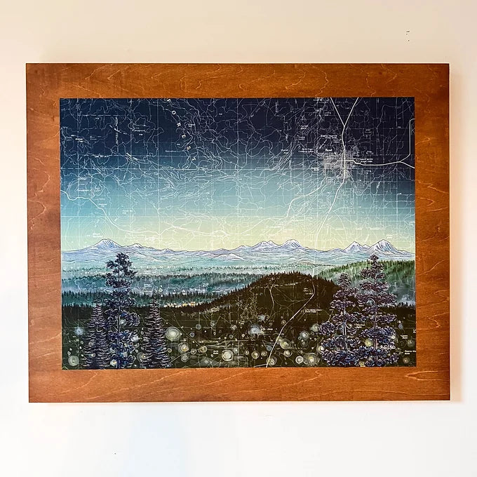 a close-up of the pilot butte twilight final switchback original painting in a wooden frame by artist Katie Jeanne Ream