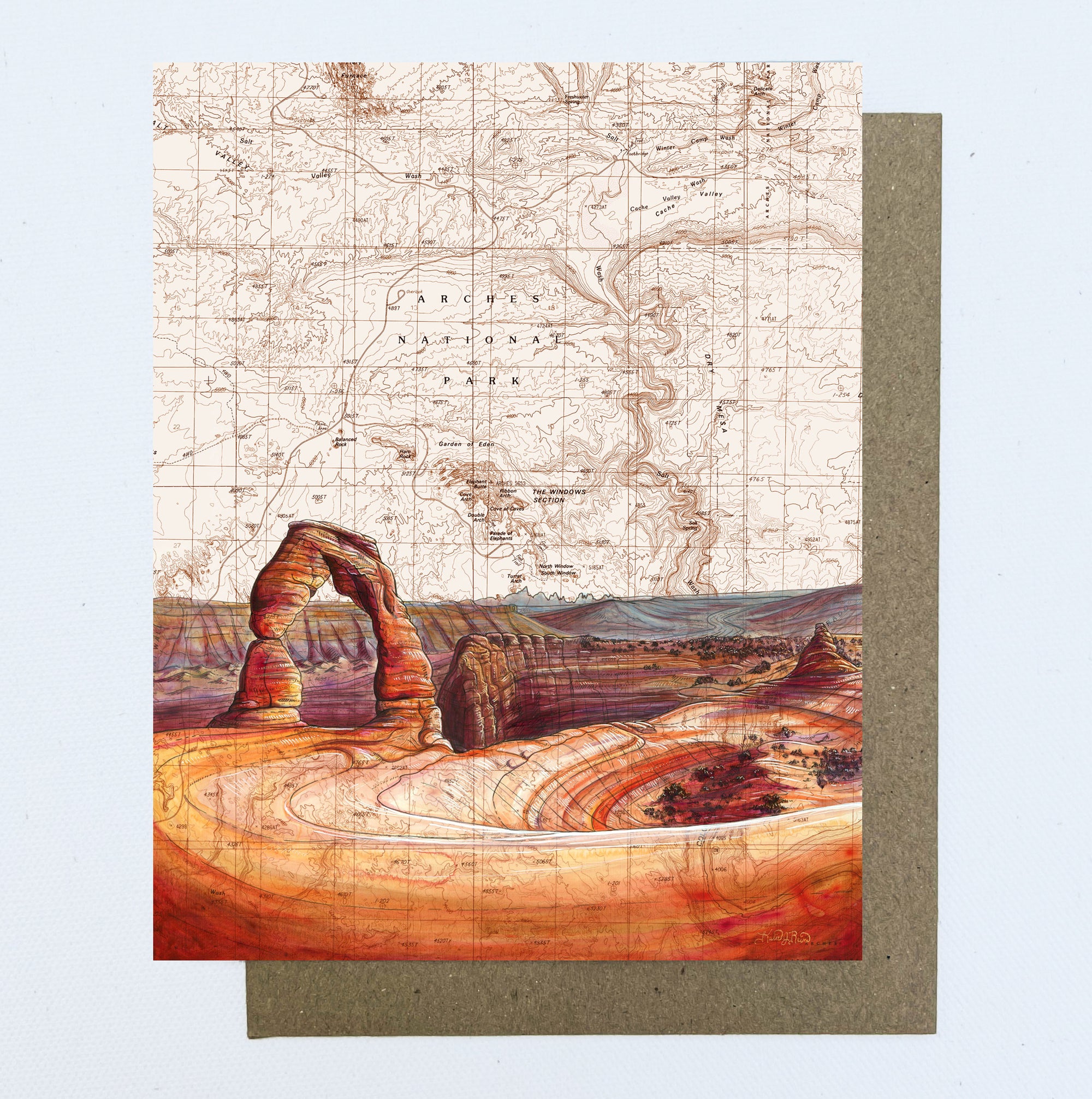 a final switchback greeting card featuring artist Katie Jeanne Reim's Arches, Utah, print