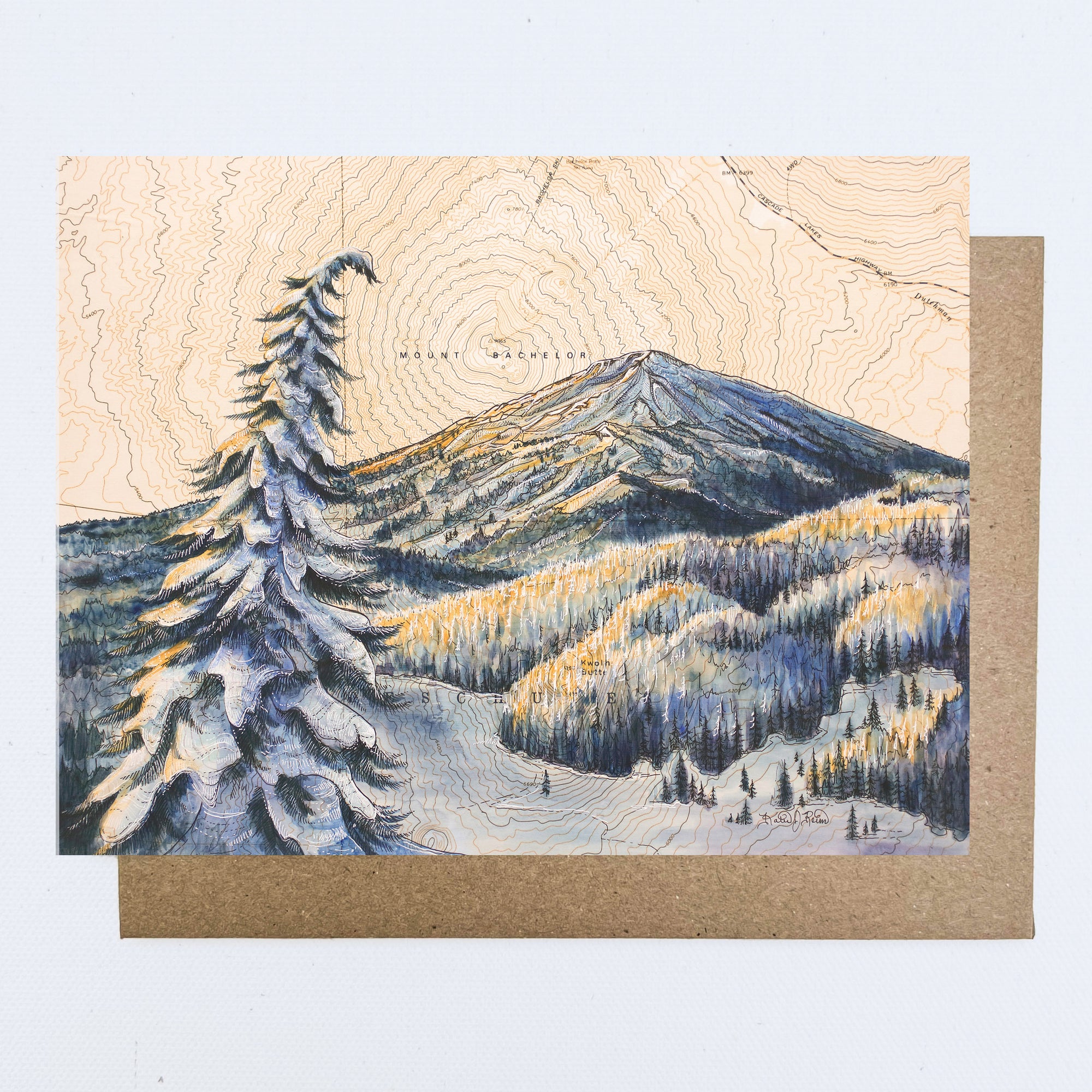 a final switchback greeting card featuring artist Katie Jeanne Reim's Mount Bachelor, Oregon, print