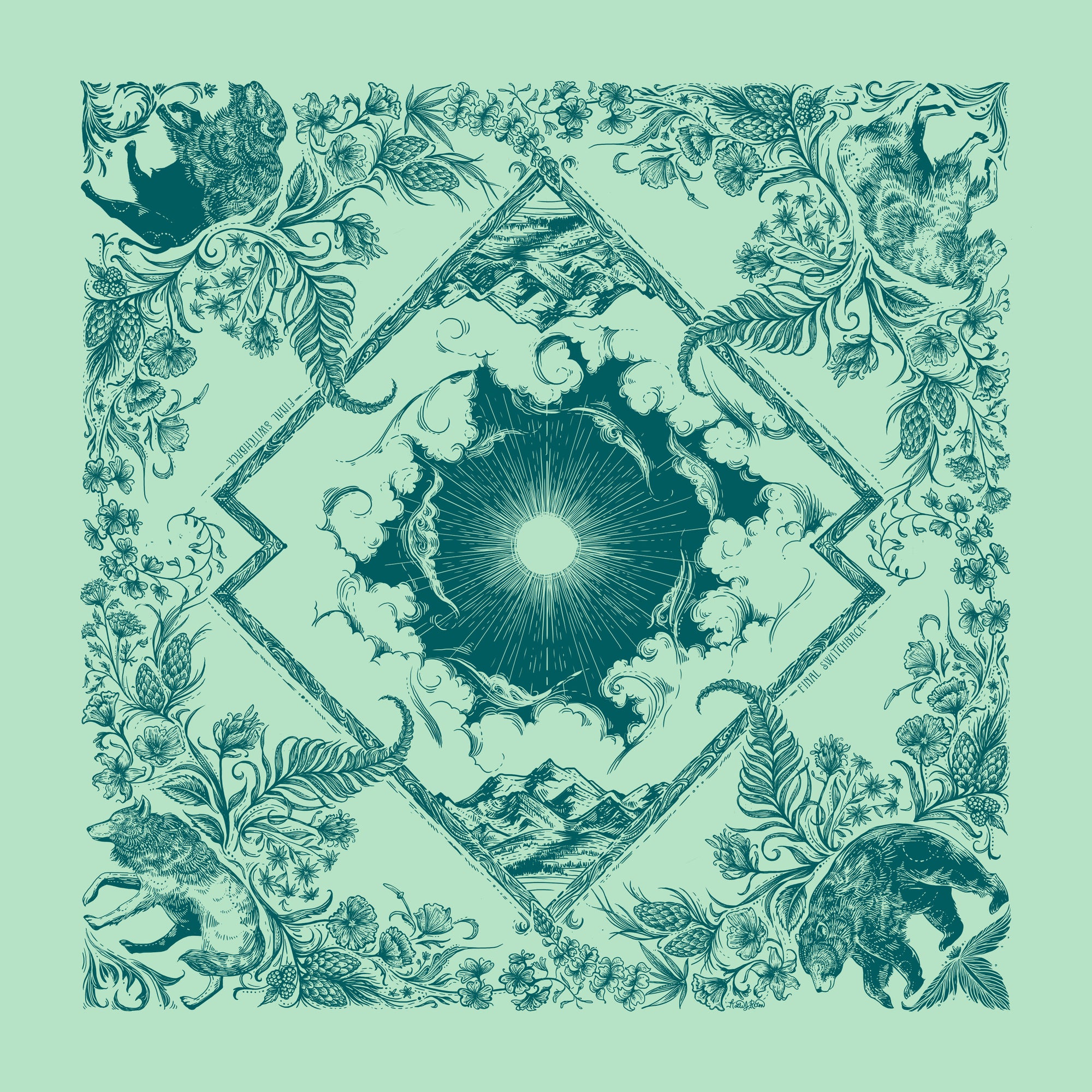 final switchback cotton bandana print in backcountry mint by artist Katie Jeanne Reim