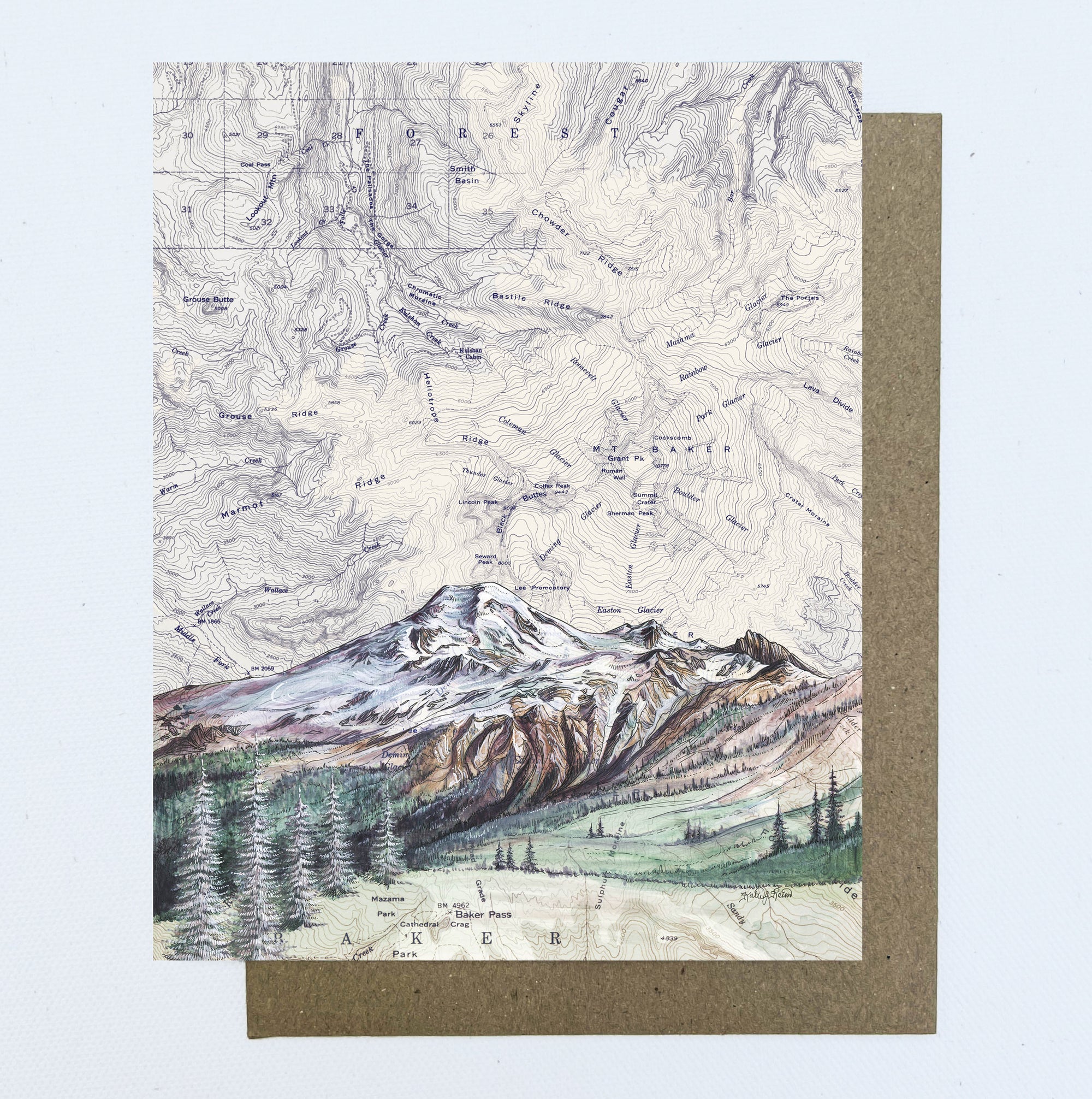 a final switchback greeting card featuring artist Katie Jeanne Reim's Baker, Washington, print