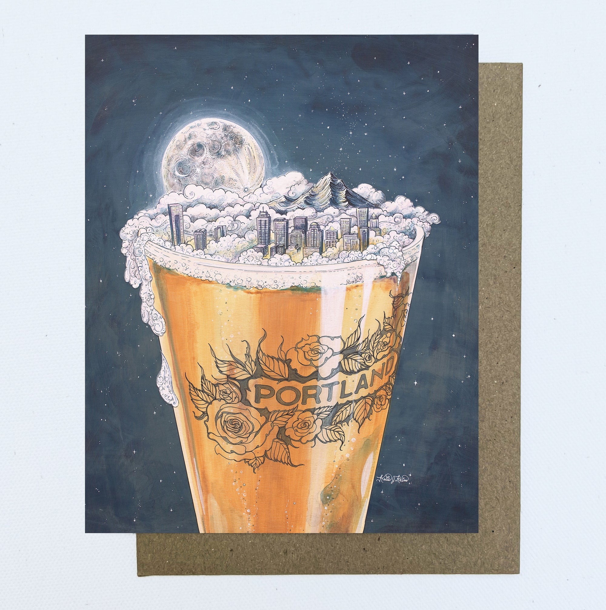 a final switchback greeting card featuring artist Katie Jeanne Reim's Beervana, Oregon, print
