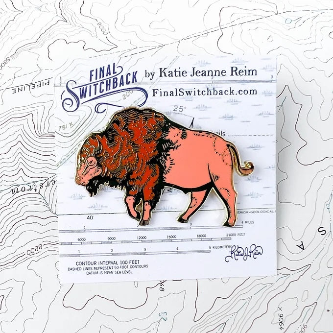 final switchback bison enamel pin on holder created by artist Katie Jeanne Reim
