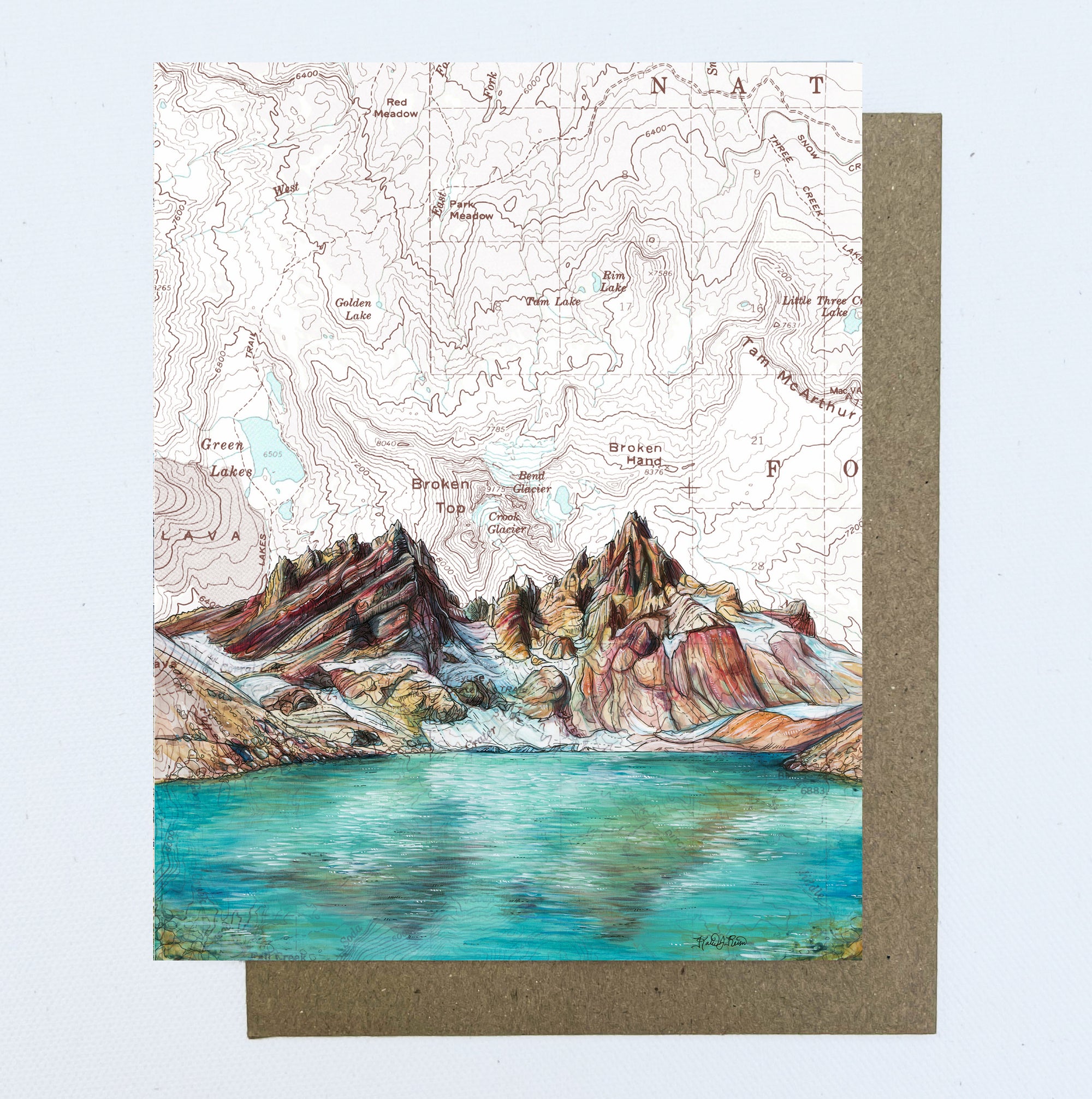 a final switchback greeting card featuring artist Katie Jeanne Reim's Broken Top, Oregon, print