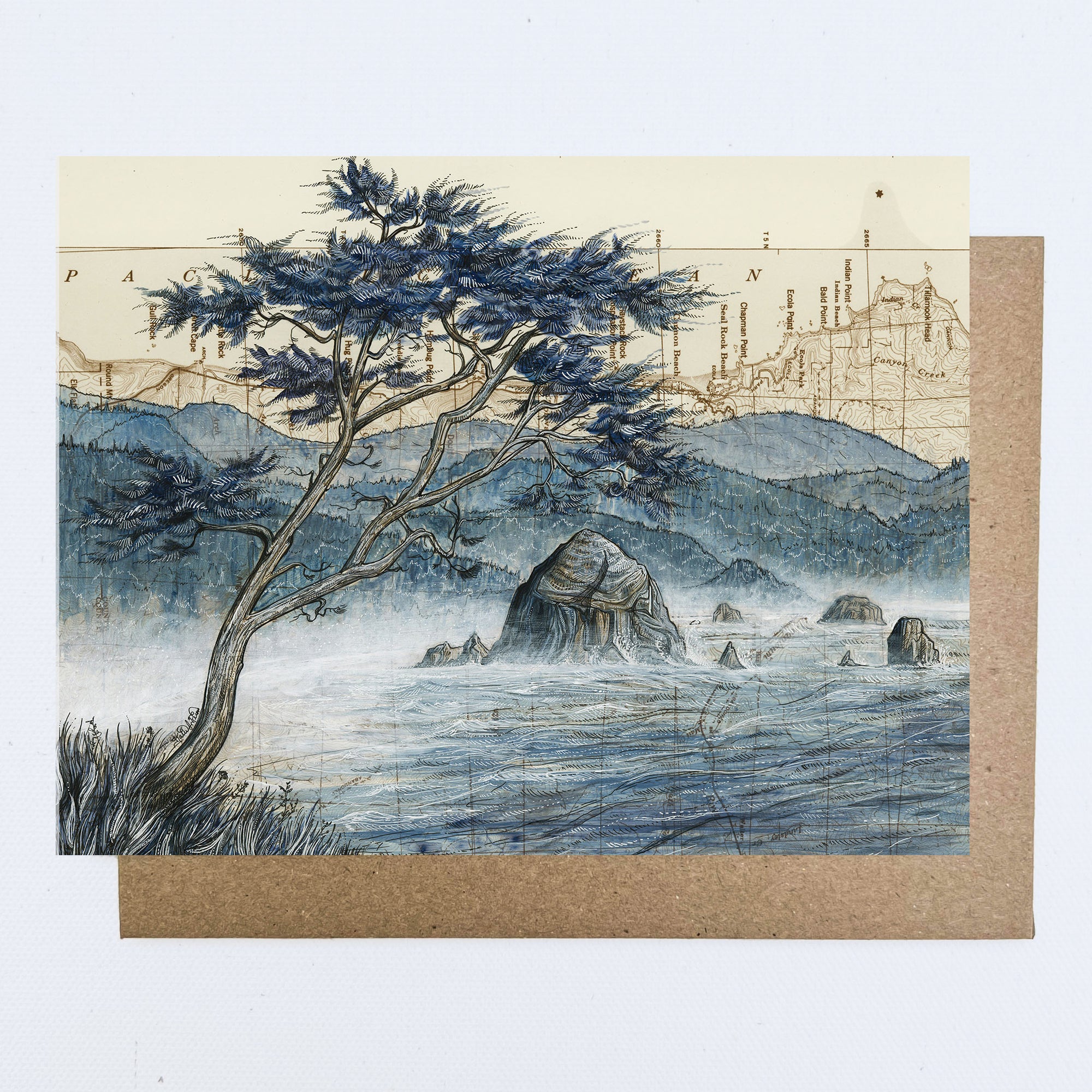 a final switchback greeting card featuring artist Katie Jeanne Reim's Cannon Beach, Oregon, print