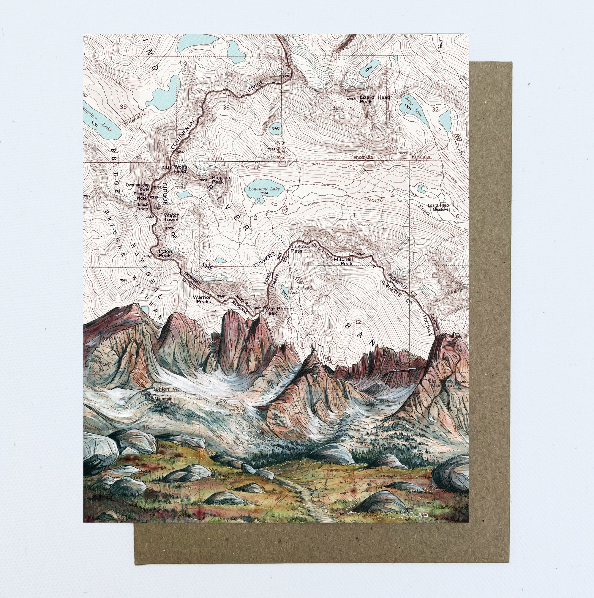 a final switchback greeting card featuring artist Katie Jeanne Reim's Cirque Towers, Wyoming, print