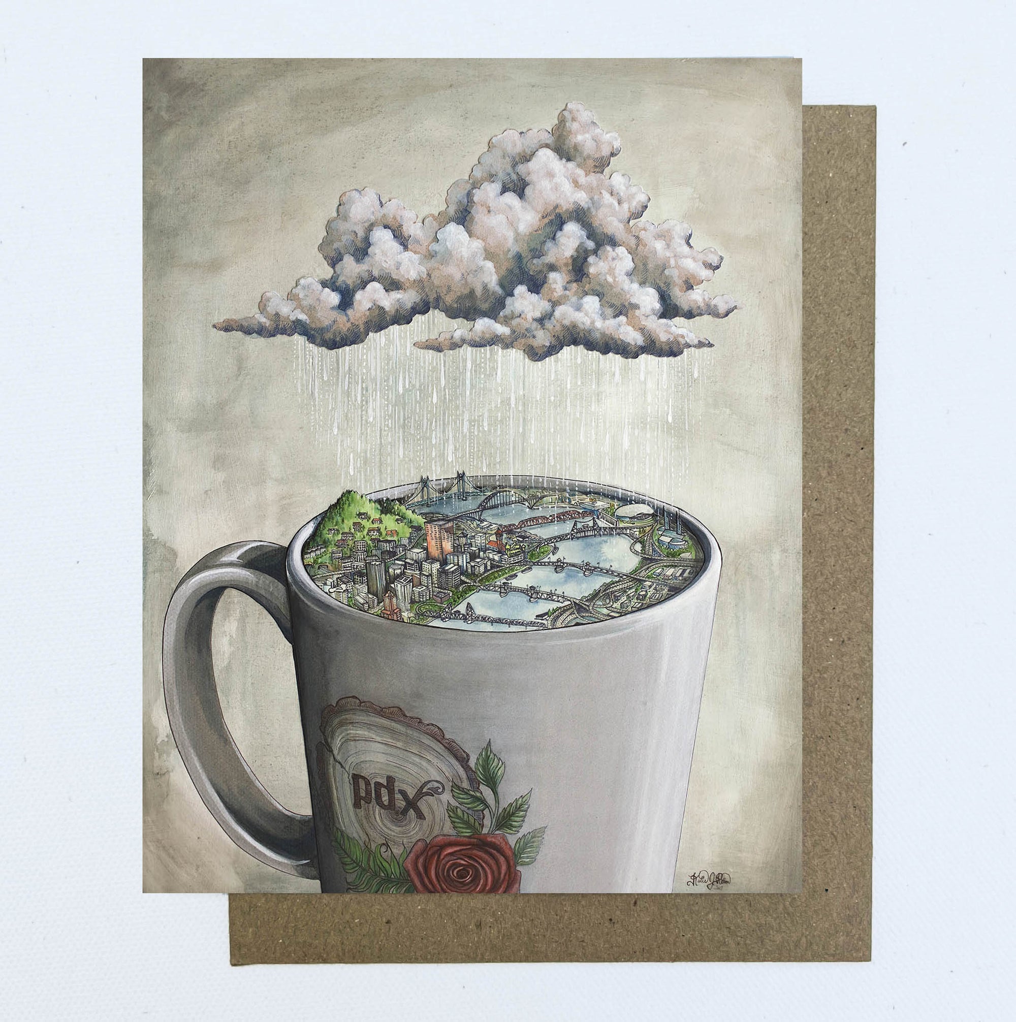 a final switchback greeting card featuring artist Katie Jeanne Reim's Coffee City Donut, Oregon, print