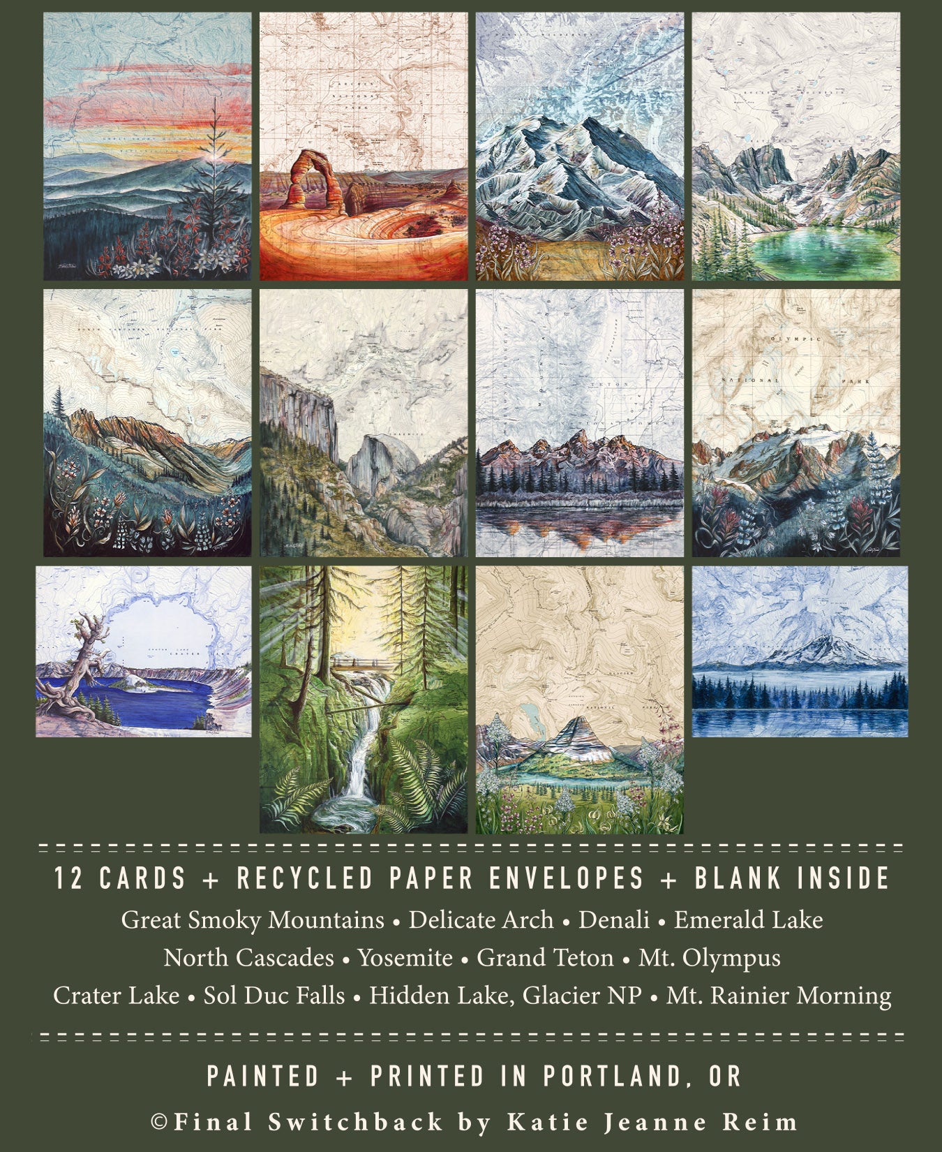 final switchback's 12-card box set with recycled paper envelopes featuring contours of National Parks prints by Katie Jeanne Reim