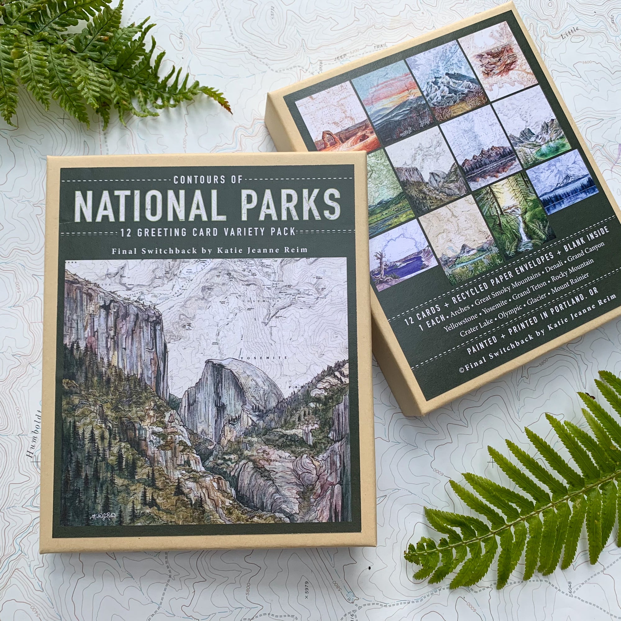 final switchback's 12-card box set featuring contours of national parks prints by Katie Jeanne Reim
