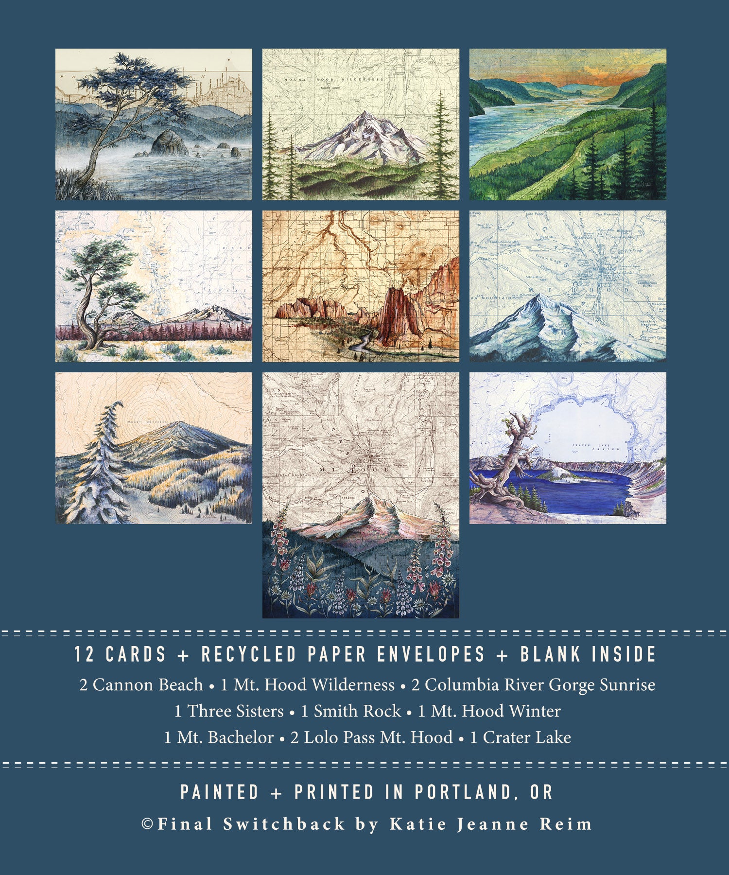 final switchback&#39;s 12-card box set with recycled paper envelopes featuring contours of Oregon prints by Katie Jeanne Reim