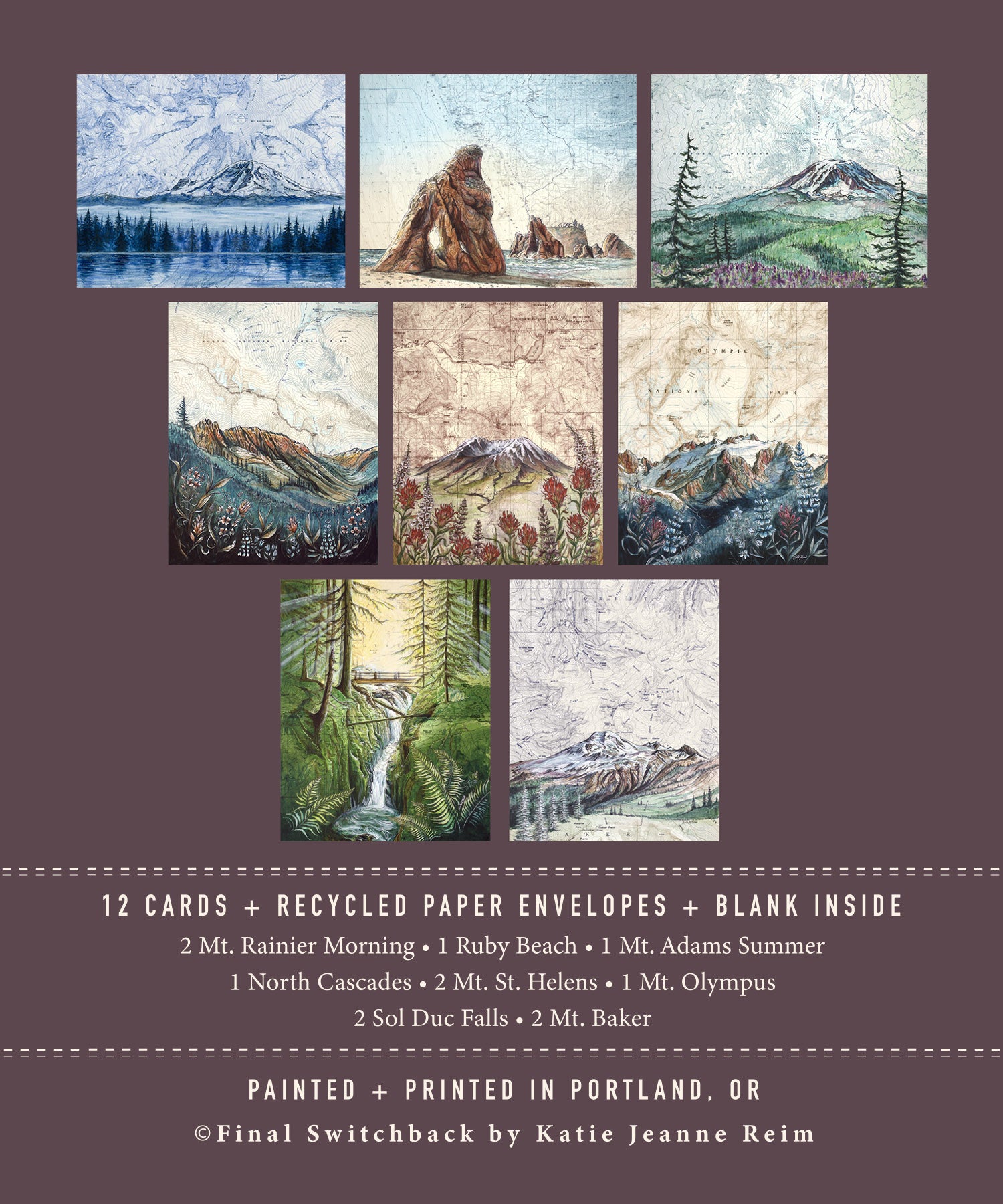 final switchback&#39;s 12-card box set with recycled paper envelopes featuring contours of Washington prints by Katie Jeanne Reim