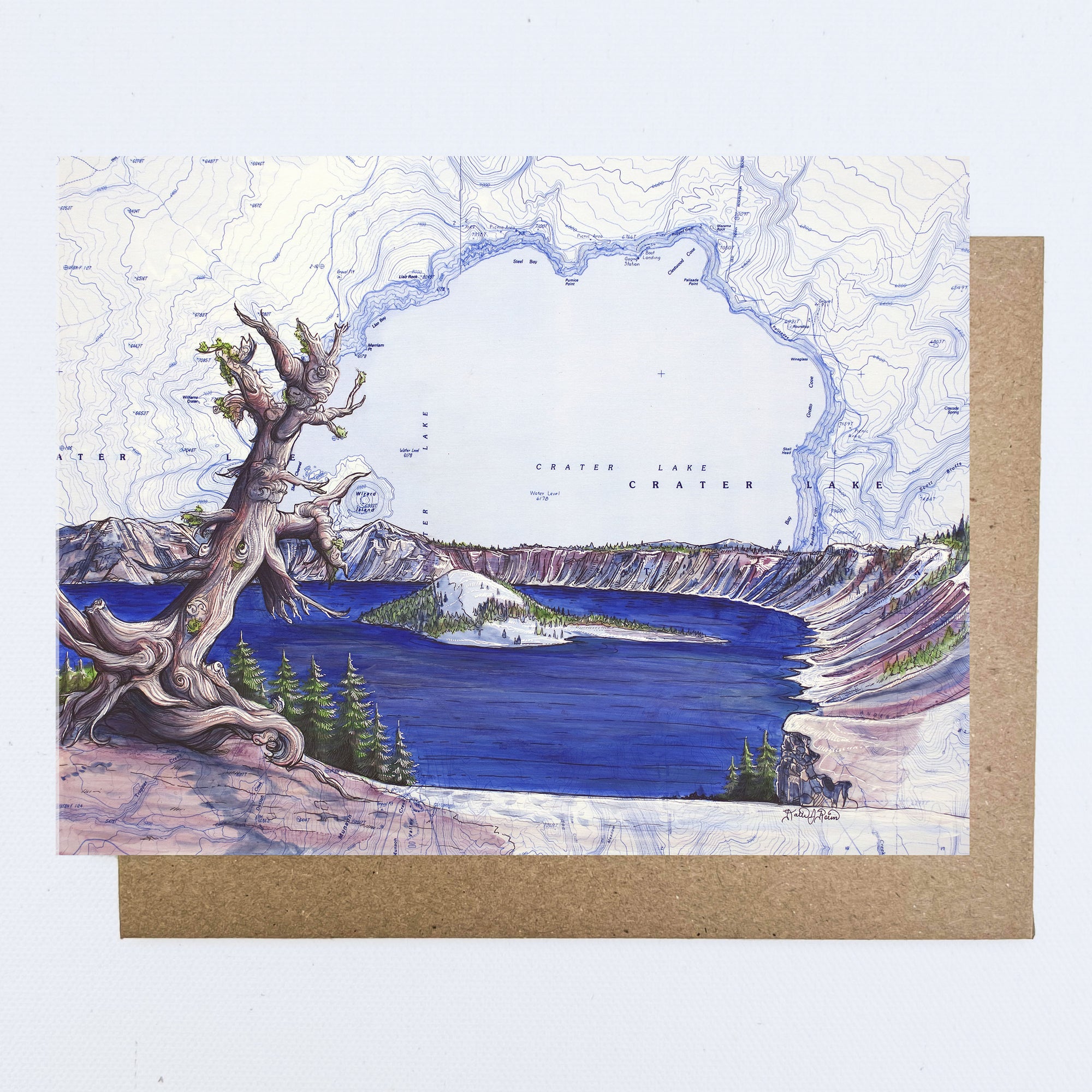 a final switchback greeting card featuring artist Katie Jeanne Reim's Crater Lake, Oregon, print