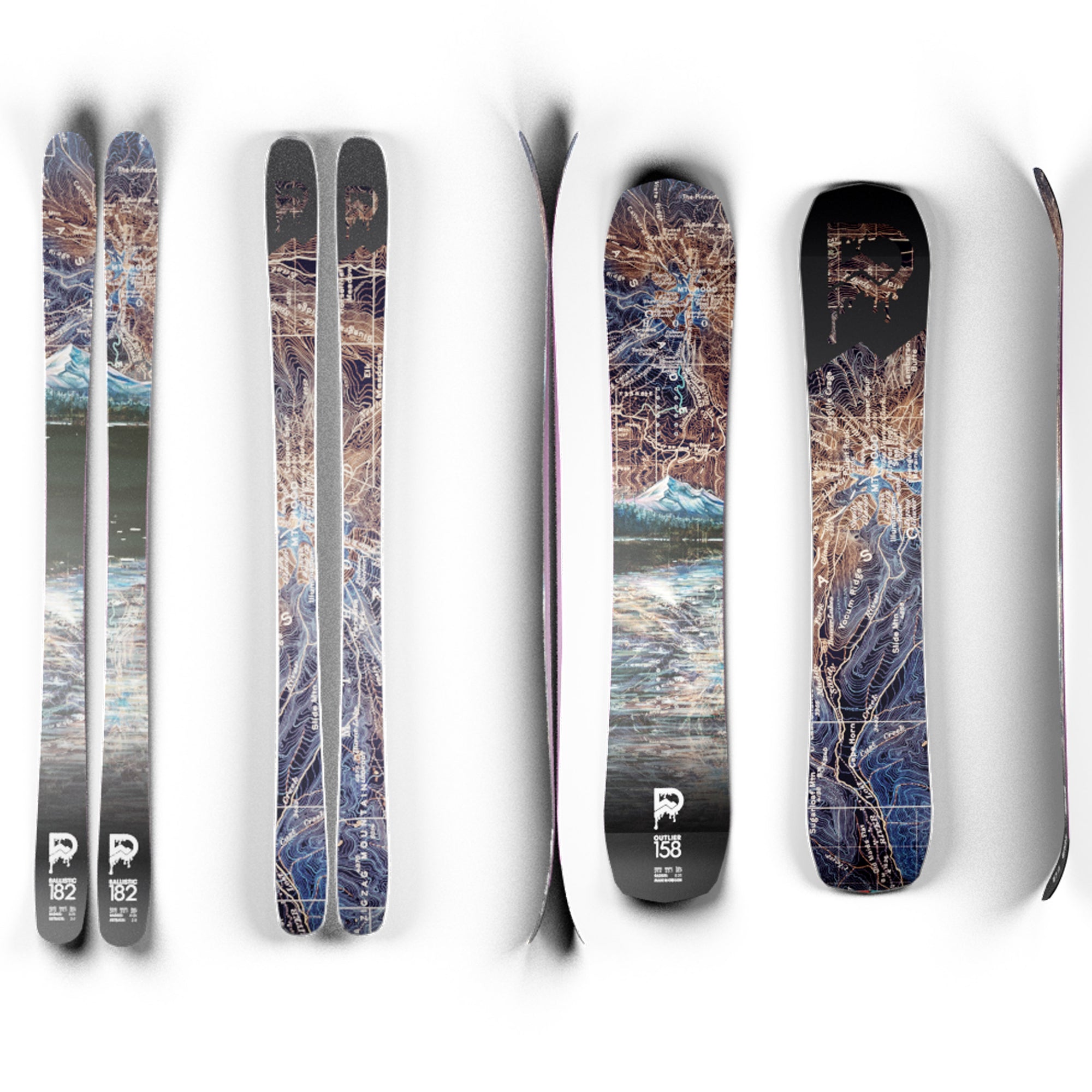 skis and snowboards with the final switchback Mount Hood print for a custom commission project for Deviation Works 