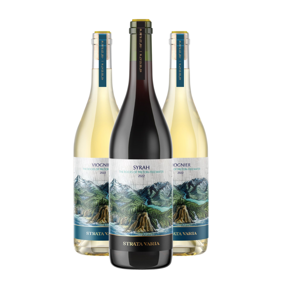 3 wine bottle labels that have the final switchback custom commission painting for Strata Varia
