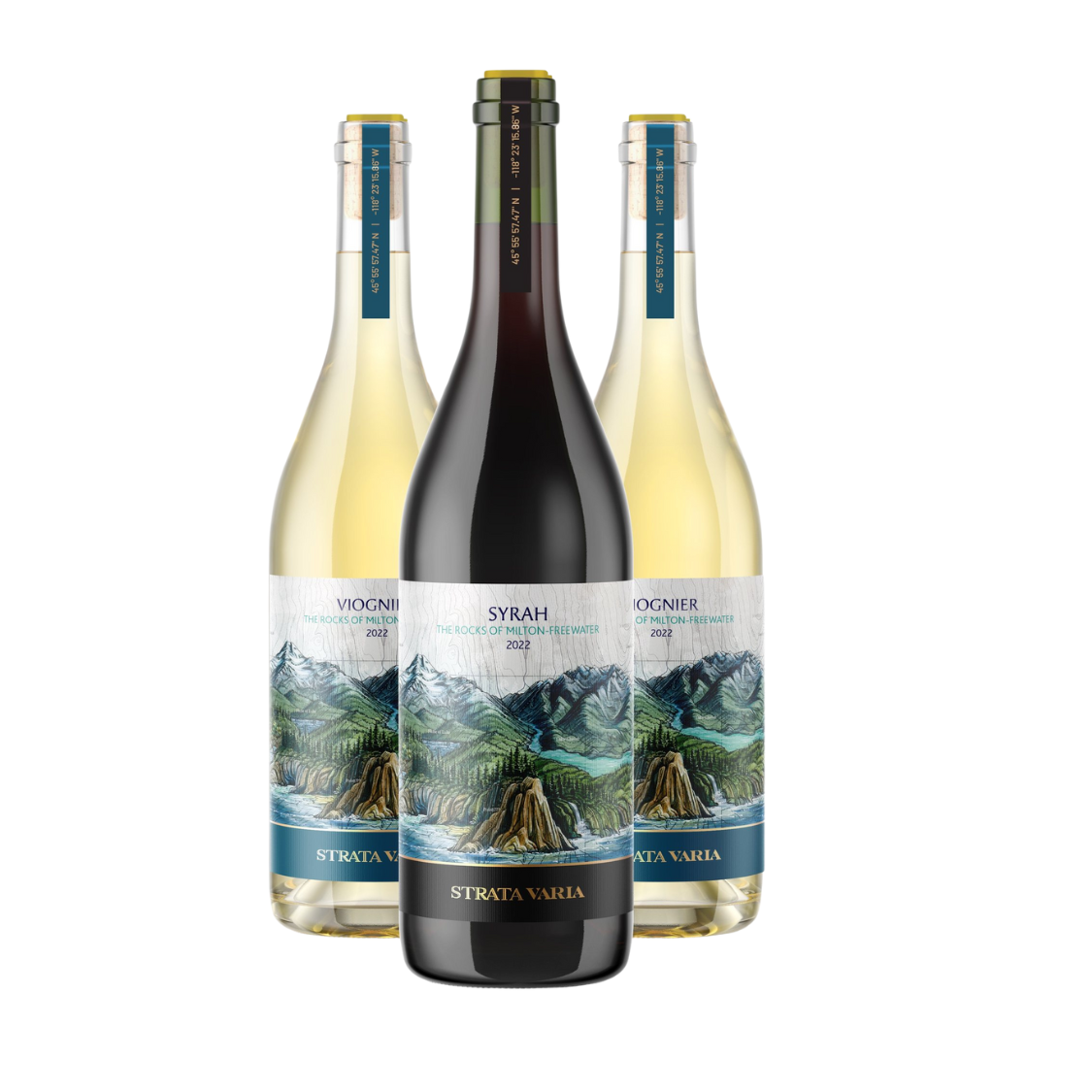 3 wine bottle labels that have the final switchback custom commission painting for Strata Varia