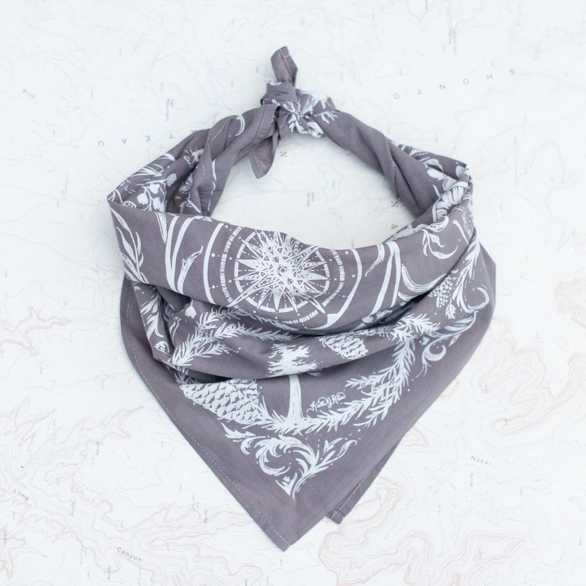 final switchback cotton bandana in deep forest stone featuring artist Katie Jeanne Reim's prints