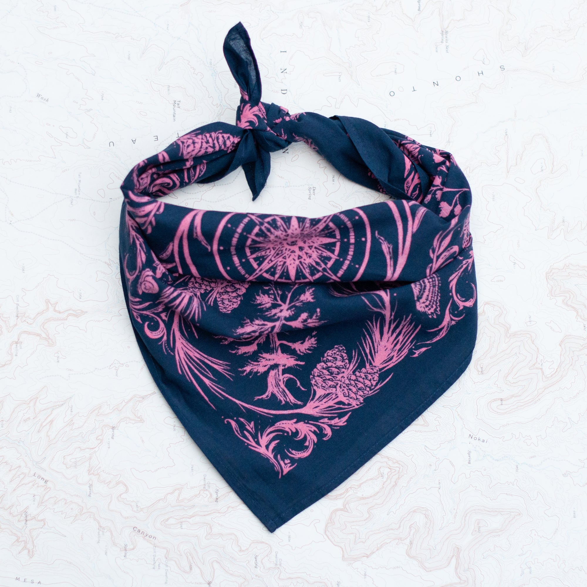 final switchback cotton bandana in deep forest wildberry featuring artist Katie Jeanne Reim's prints