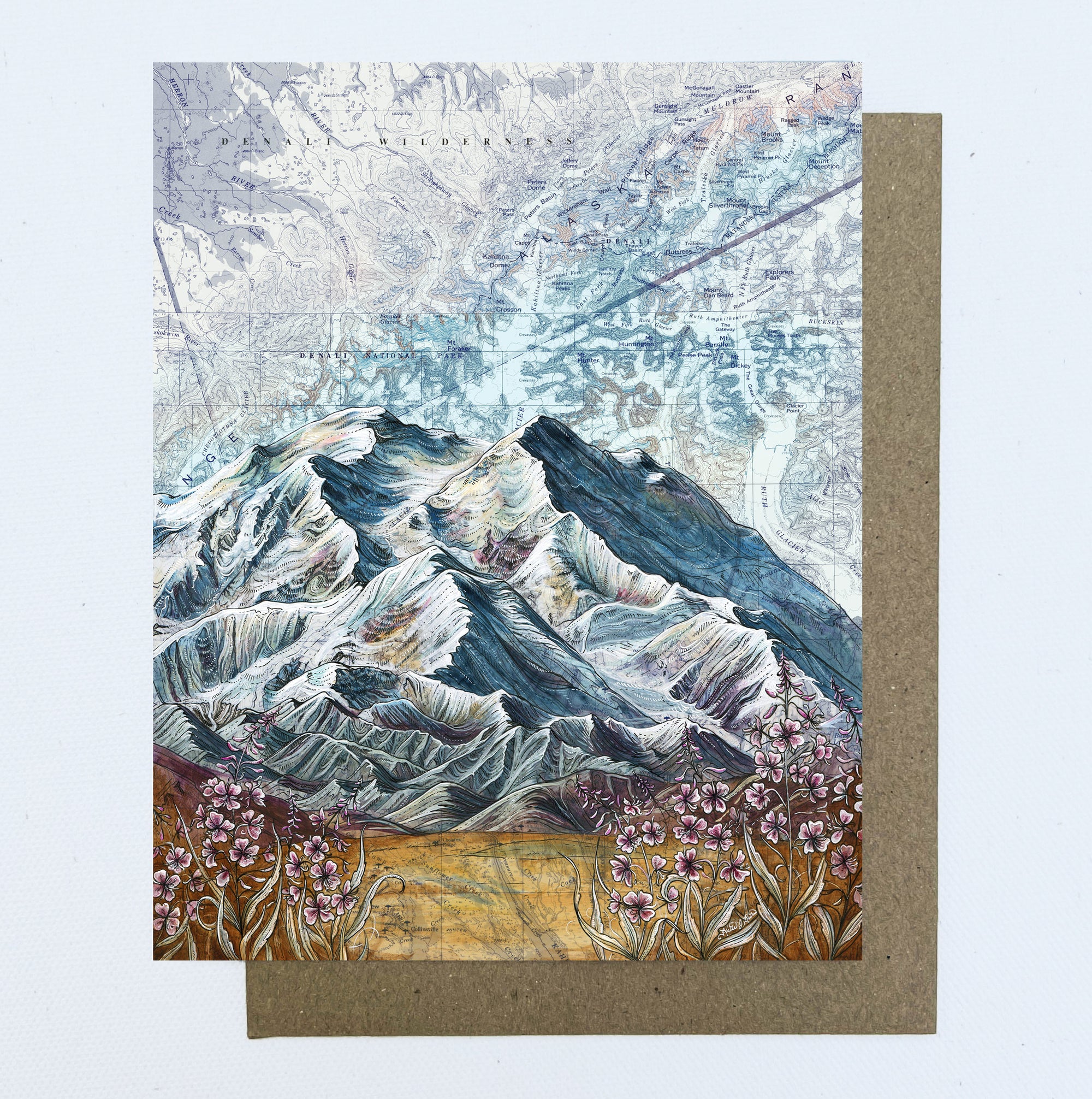 a final switchback greeting card featuring artist Katie Jeanne Reim's Denali, Alaska, print