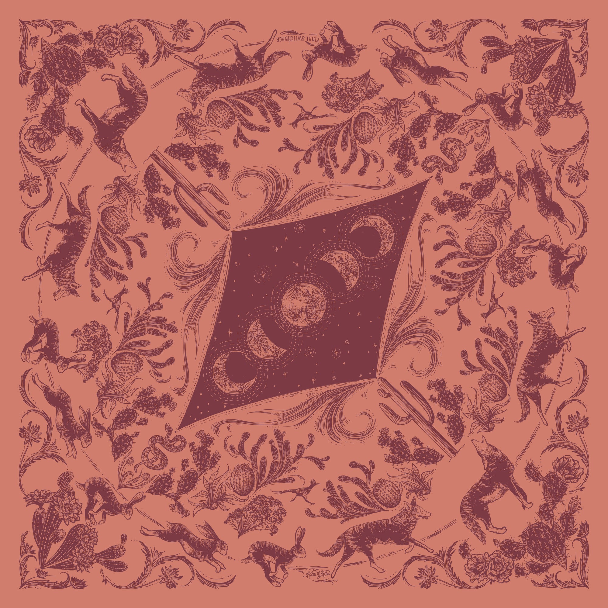 final switchback cotton bandana print in desert nights orange by artist Katie Jeanne Reim
