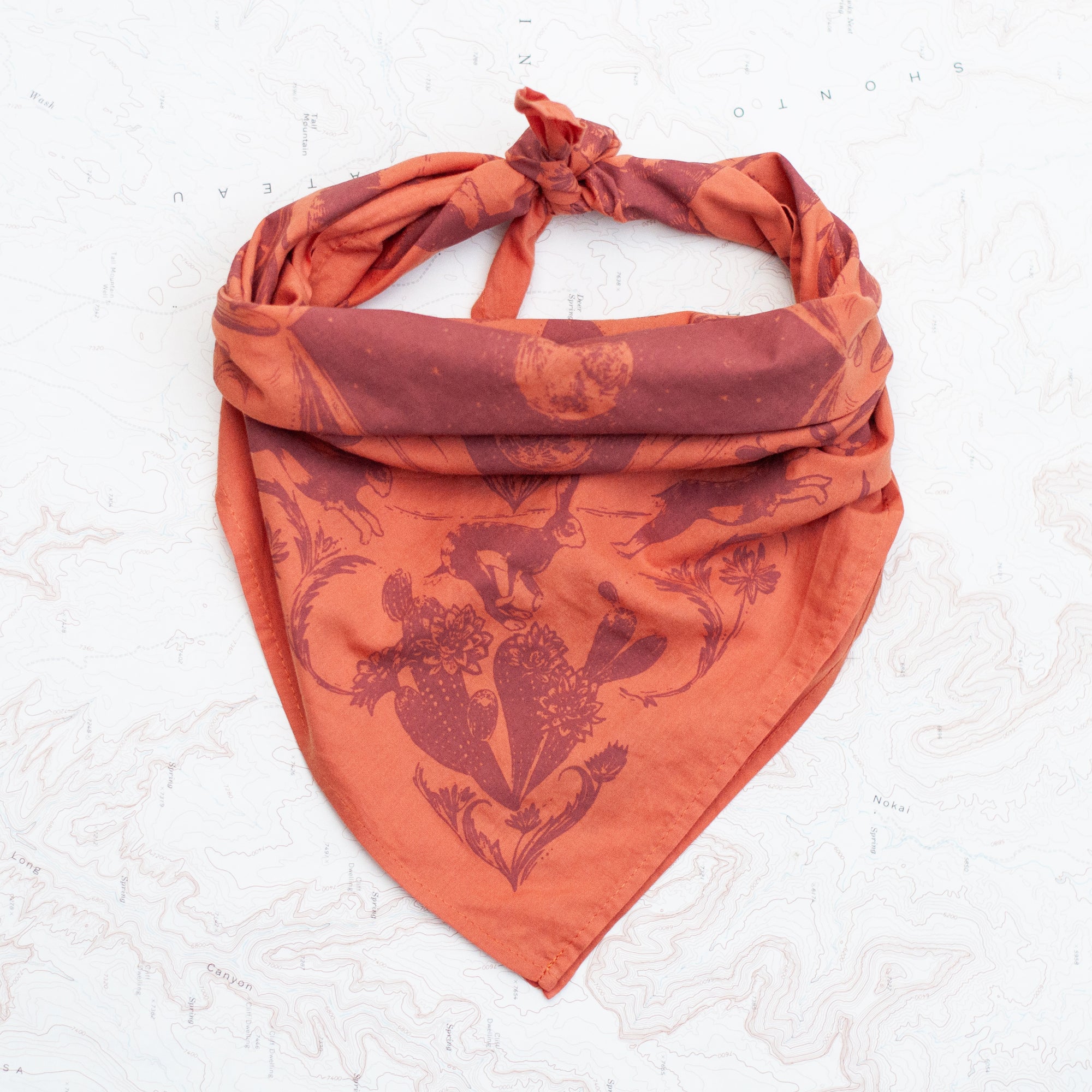 final switchback cotton bandana in desert nights orange featuring artist Katie Jeanne Reim's prints