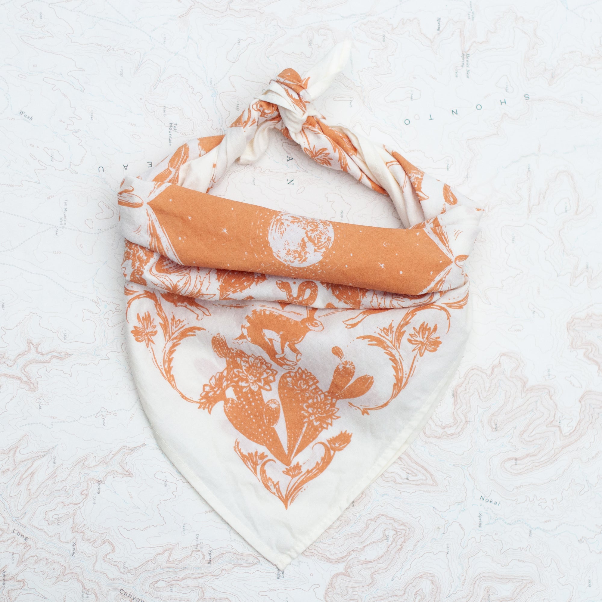 final switchback cotton bandana in desert nights sand featuring artist Katie Jeanne Reim's prints