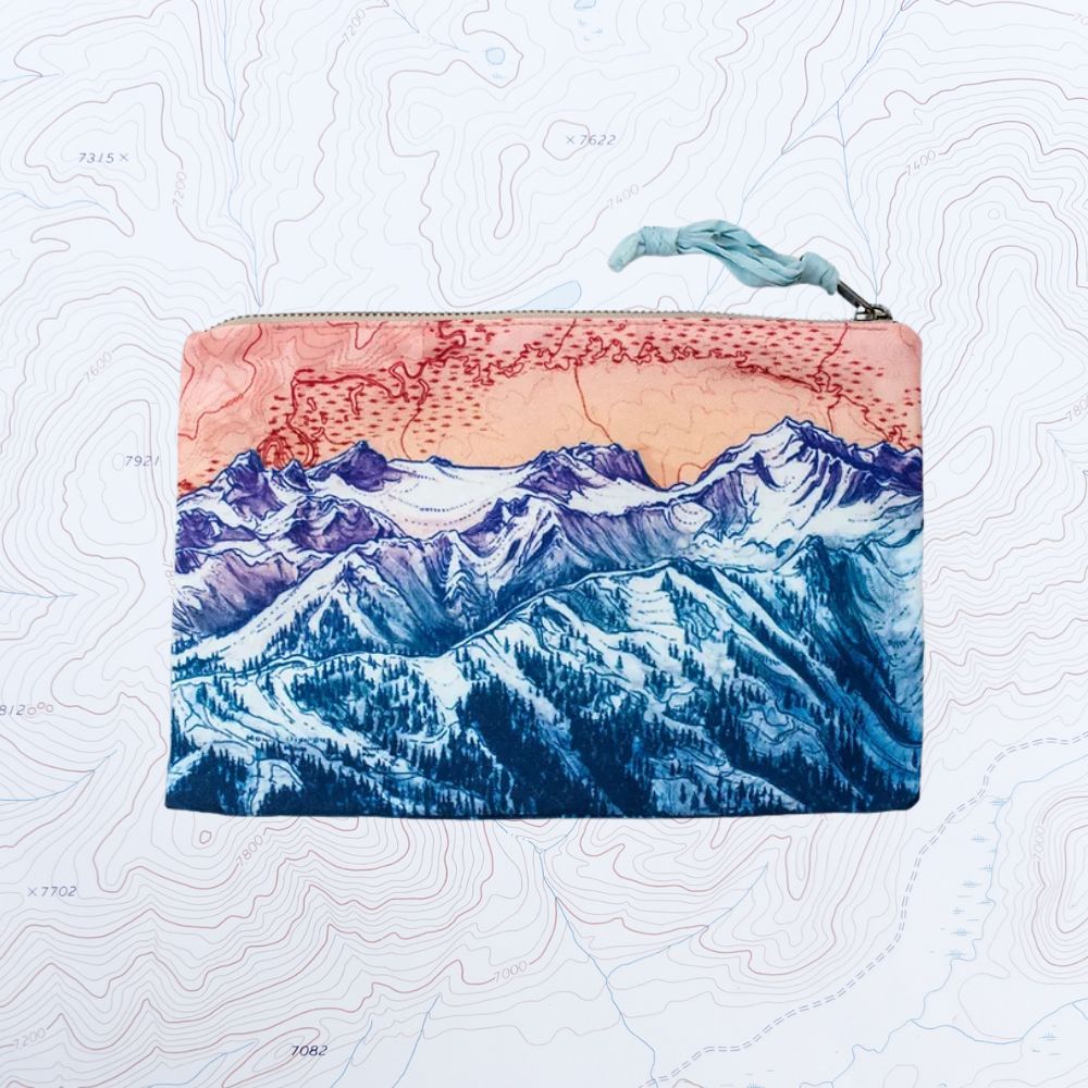 a final switchback eco-friendly recycled zip pouch featuring Katie Jeanne Reim's ridgeline print