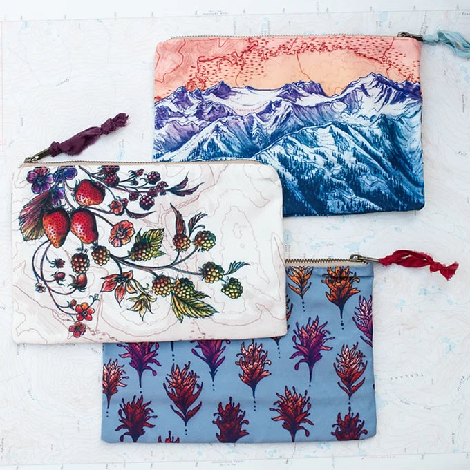 all three of final switchback eco-friendly recycled zip pouches featuring artist Katie Jeanne Reim's prints